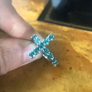 Natural Blue Apatite Sterling Silver Cross Ring Size 5